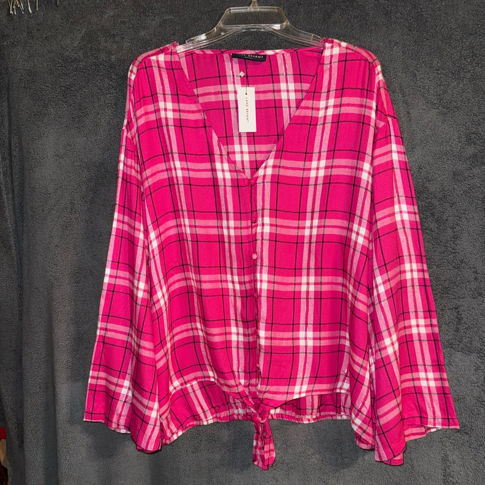 NWT Lane Bryant Vibrant Pink Plaid Long Sleeve Shirt Size 24